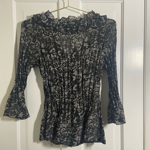 Vintage Y2K NY Collection Plisse Pleated Monochrome Floral Lace Blouse - Picture 6 of 9